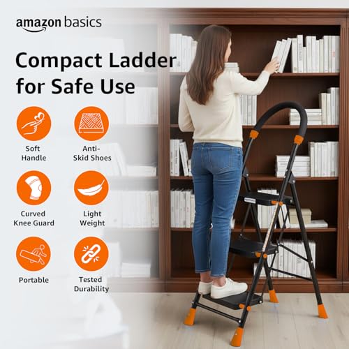 Image of Amazon Basics Curvo-Foldable Step Ladder, Ribbed Steps, Knee Guard, Non-Marring PVC Shoes, 3 Steps (Black & Orange)