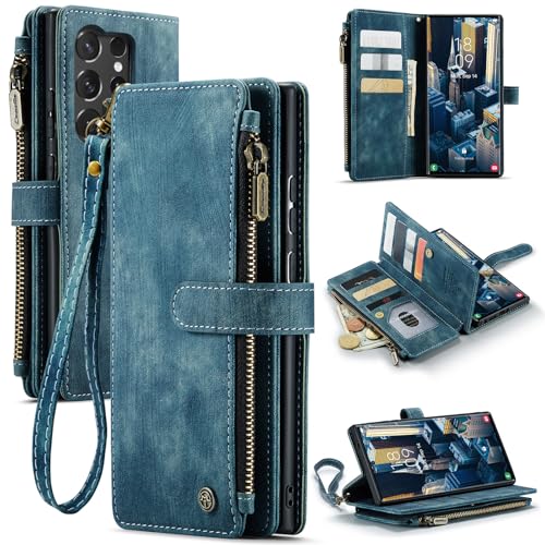 UEEBAI Étui Portefeuille pour Samsung Galaxy S25 Ultra 5G, Fait à la Main en Cuir PU avec Emplacements pour Cartes Fermeture Magnétique avec Hand Strap...