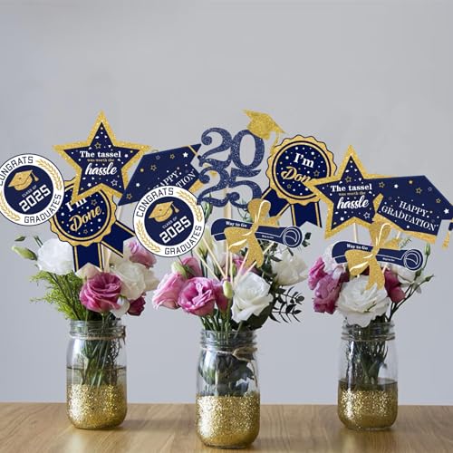 Graduation Party Centerpieces Decorations for Tables Class of 2025-30pcs Glitter Navy Blue and Gold Graduation Table Centerpieces Sticks with LED String Lights for Graduation Party Decor Supplies