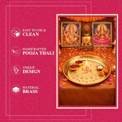 Image of Klassic 6 Inch Brass Swastik Pooja Thali | Decorative Handicraft Plate with Embossed Flower Design | Ideal for Mandir, Home, Office & Gift Purpose | Golden Puja Thali (Pack of 4)