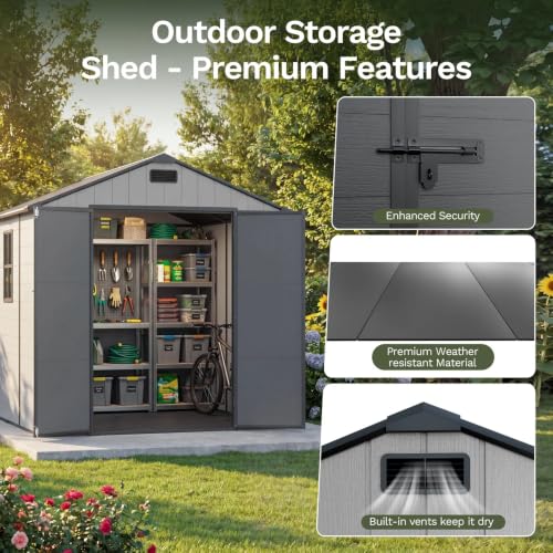 Image of Patiowell 8x10 FT Resin Outdoor Storage Shed with Floor, Large Plastic Clearance Sheds with Lockable Door, Garden Tool Shed with Window for Backyard, Patio Storage, Light Gray