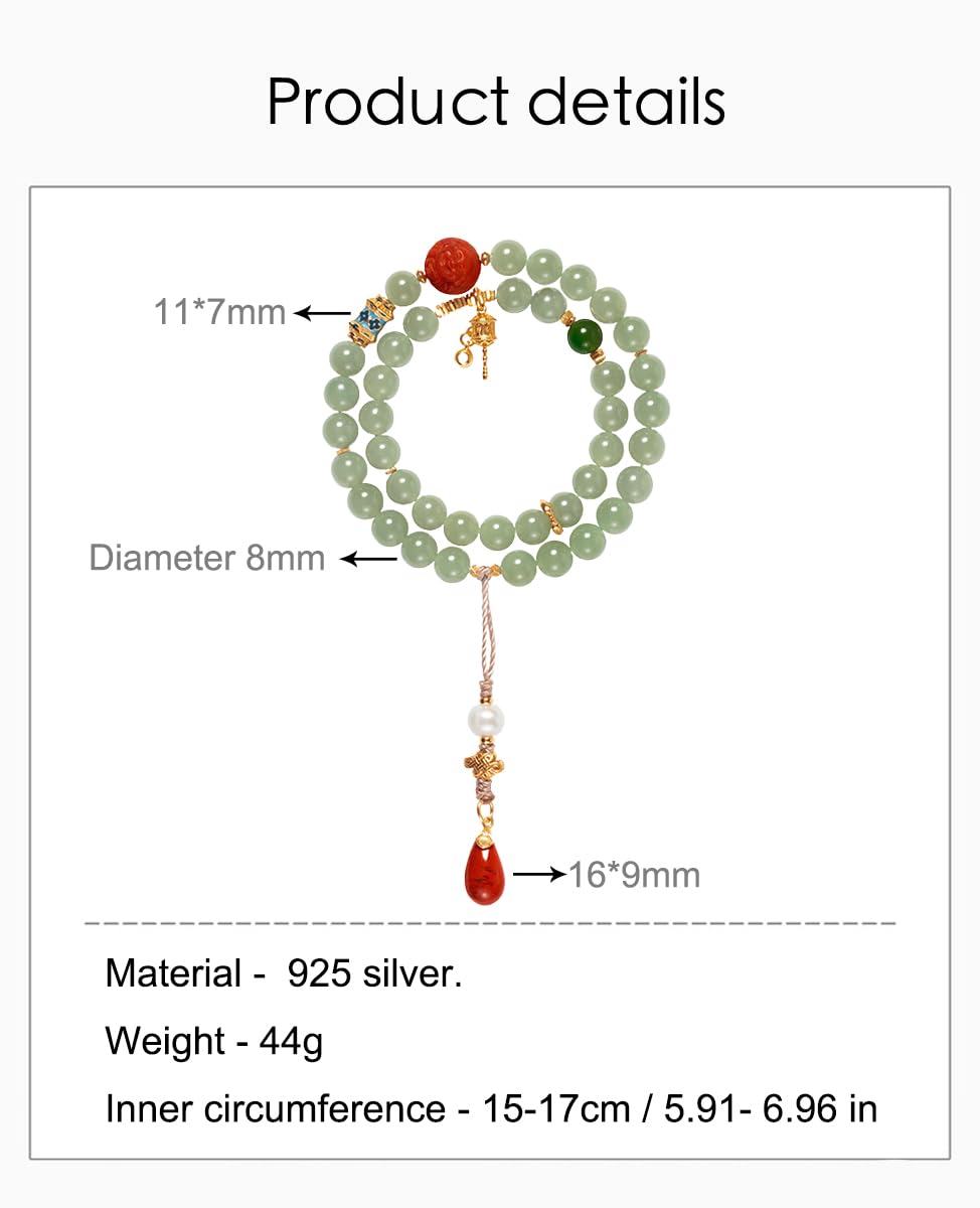 Jade-Armband, Elegantes 925er Silber, grünes Perlenarmband, Bekleidungszubehör, 225, Einheitsgröße