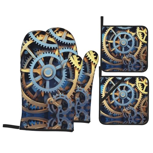 BNCPWDYL Clock Gears Kitchen Oven Gloves and Hotpads Sets of 4, Heat Resistant Oven Mitts and Pot Holders for Baking/Cooking/BBQ