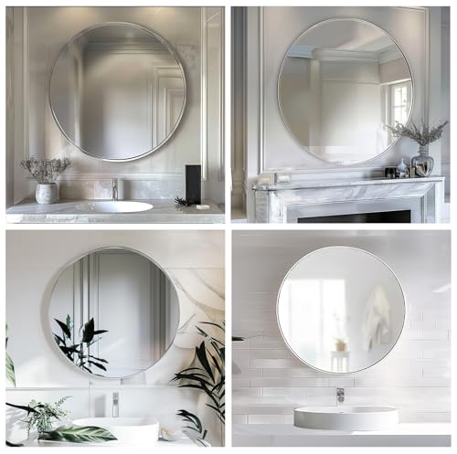 Image of Sunniry Silver Circle Mirror, Round Mirror 20 inch, Round Wall Mirrors with Brushed Aluminum Frame, Circle Mirrors for Living Room, Bathroom, Wall, Hallway.
