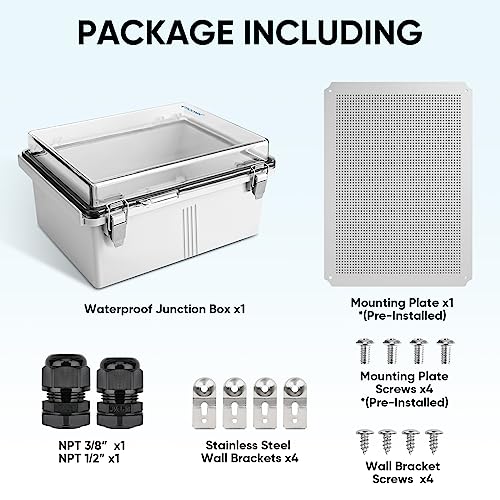 Image of TICONN Outdoor Electrical Box Waterproof, Junction Box IP67 ABS Plastic Enclosure with Hinged Cover with Mounting Plate, Wall Brackets, Cable Glands (Clear, 19.7 inchx15.7 inchx7.9 inch)