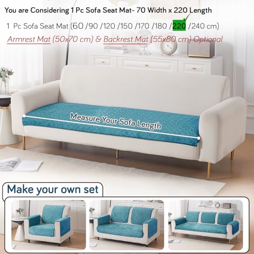 Image of HOKIPO Premium Velvety Quilted Anti-Slip Sofa Cover Mats for L-Shape & 1 /2 /3 Seater Sofa | Make Your Own Sofa Cover Set, 'Softline Quilted Series' 70(W) x 220(L) cm | Teal Blue (AR-6319-BL)