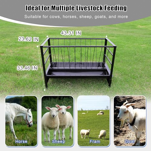 Large Pasture Hay Feeder 71Gallon, 2 in 1 Goat Hay and Grain Feeder for Goat Sheep Horse, Galvanized Steel Livestock Feeders with Top Rack & Feeding Trough, Easy to Install for Farms Shed Outdoor - Thumbnail 6
