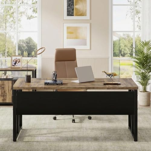 Image of FFO Nexus Executive Director Desk | Office Table | Manager Cabin Work Desk with Modesty Panel & Cable Grommet | Sturdy Metal Frame | Black Top & White Base | DIY 120x80 x75 CM DIY.