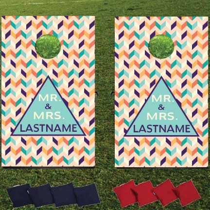 VictoryStore Custom Wedding Bag Toss Game - Custom Wedding Cornhole - Personalized Mr and Mrs Last Name Zig-Zag (Peach)