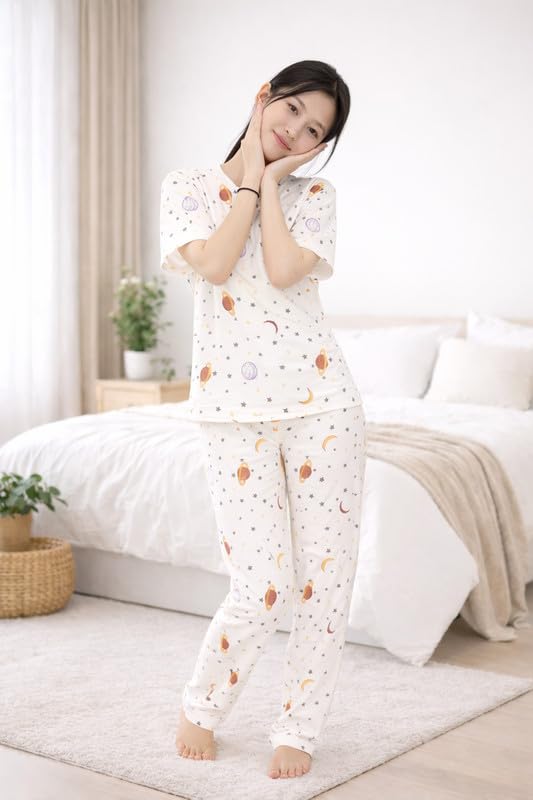 Image of Women's Pajama Set with Top & Pants|| Korean Night Wear|| Loose Fit Home Wear || Lightweight Printed Set || Soft & Comfy Girls & Women