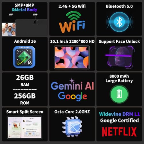 Image of Android 16 Tablet with Keyboard - 10 inch Tablet with 26GB+256GB+2TB Expand | 2026 Electronic Tablet with Gemini AI, 8-Core, 5G WiFi, 8000mAh, GPS, GMS, 2 in 1 Tablet PC with Case, Mouse, Stylus (Black)