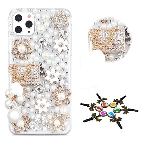 STENES Sparkle Phone Case Compatible with iPhone 12 Case - Stylish - 3D Handmade Bling Girls Bag Pearl Pendant Flowers Rhinestone Crystal Diamond Design Cover Case - White