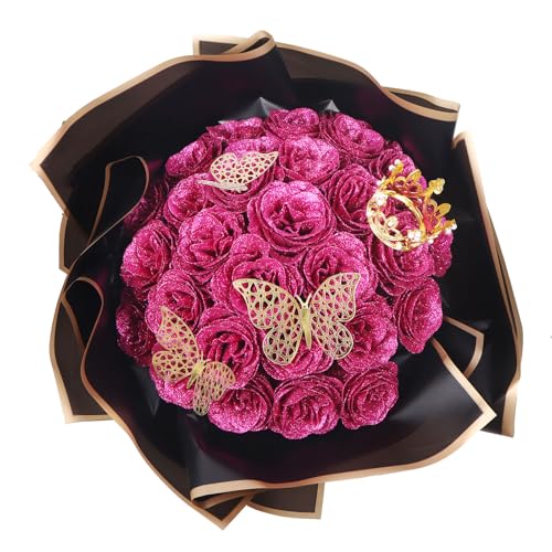 DIY Glitter Roses: Artificial Bouquet of Shiny Fake Flower Bouquet, Perfect for Mothers Day Gift， Anniversary， Weddings - 25 Roses (Charmed red)
