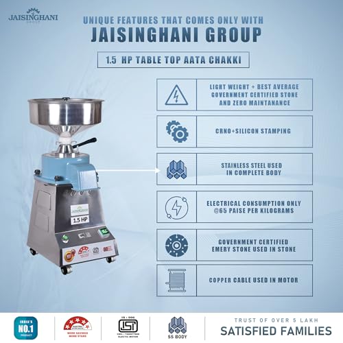 Image of Jaisinghani Group 1.5 HP Table Top Atta Chakki | Domestic Stone Flour Mill for Wheat, Multigrain, Spices | Stainless Steel Grinder for Home Kitchen Use | 7-8 Kg /Hour Grinding Capacity
