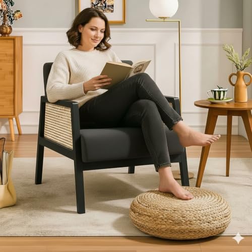 Image of Solid Sheesham Wood Arm Chair with Cushion || Cane Chairs for Balcony || Wooden Armrest Chair Garden Chairs Outdoor || Dining Chair for Living Room Furniture Modern Accent Chair Walnut