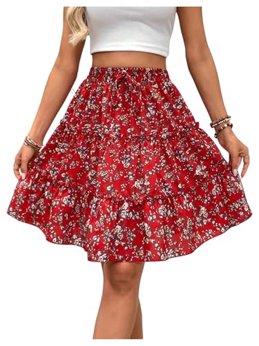 WDIRARA Women's Floral Print Ruffle Hem Elastic High Waist Tie Front Skirt Red Flower Medium