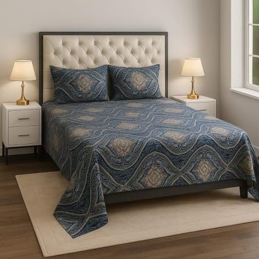 Image of Premium Glace Cotton Flat Double Bedsheets, 90 x 100 Inches with 2 King Size Pillow Cover 17 x 27 Inches, Floral (Blue)