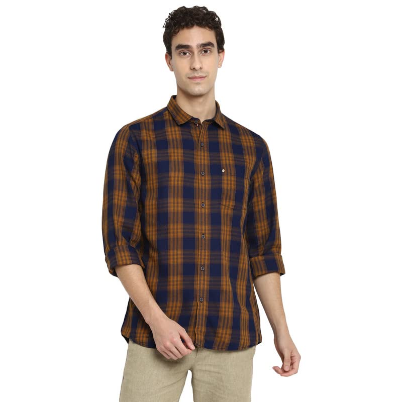 Image of Turtle Men Khaki Cotton Checked Slim Fit Shirts