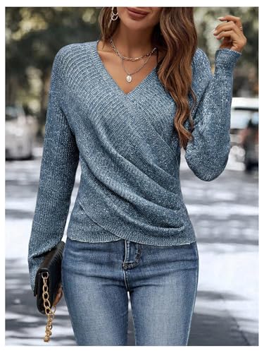 Image of SOLY HUX Women's V Neck Long Sleeve Off Shoulder Sweaters Criss Cross Wrap Ruched Pullover Fall Tops