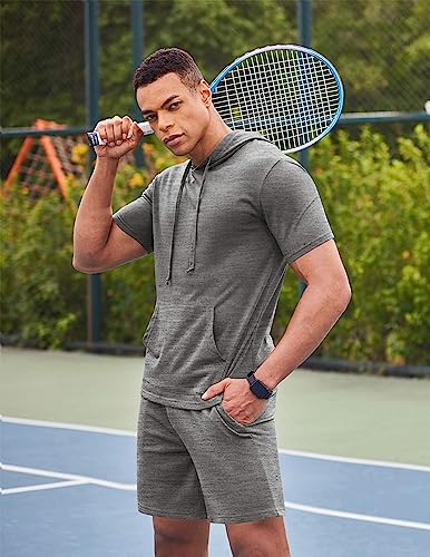 Coofandy Men's Tracksuit 2 Piece Hooded Athletic Sweatsuit Short Sleeve Casual Sports Hoodie Shorts Set #TOP1