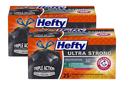 Image of Hefty Ultra Strong 30-Gallon Trash Bags, Black with Drawstring, White Pine Breeze Scent, 25 Count (Pack of 2)