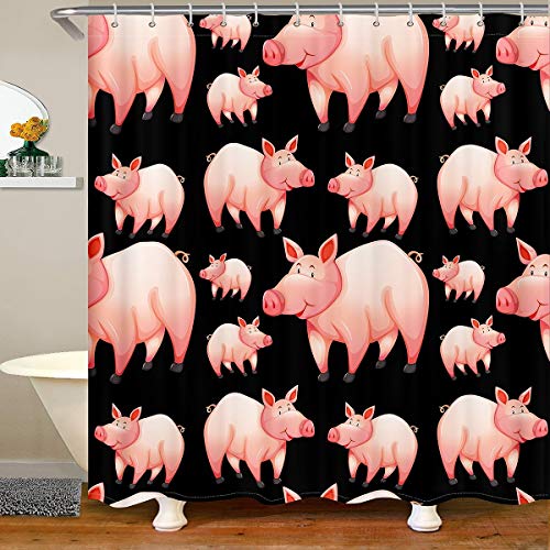 Loussiesd Pig Fabric Bathroom Shower Curtain Cute Cartoon Pig Waterproof Shower Curtains Pink Zoo Animal Pig Shower Curtain with Hooks Happy Farm Animal Pink Black Design Curtain,180x200cm