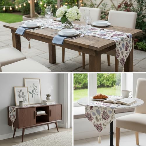 Image of COZY FURNISH Decorative Floral Cotton Table Runner - Tassel Dining Table Runner for 6 Seater & Bed Runner | Washable Home Furnishing Runner 13x72 Inch