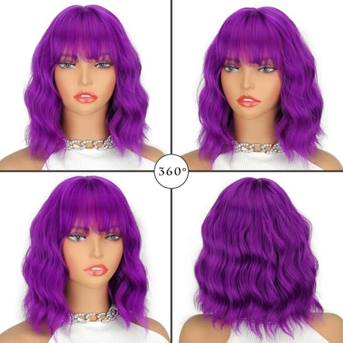 Perruque violette foncée frange : solution coiffure courte ondulée femme - 4
