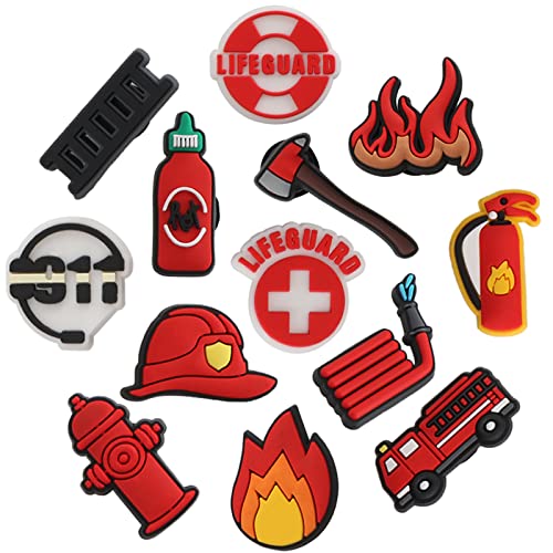 Mortd 13PCS Fireman Theme Shoe Decoration Charms, Lifeguard Fire Extinguisher Fire Hydrant Shoe Charms for Shoe Clog Sandals Wristband Bracelet, PVC Shoe Charms for Party Favor Holiday Birthday Gifts