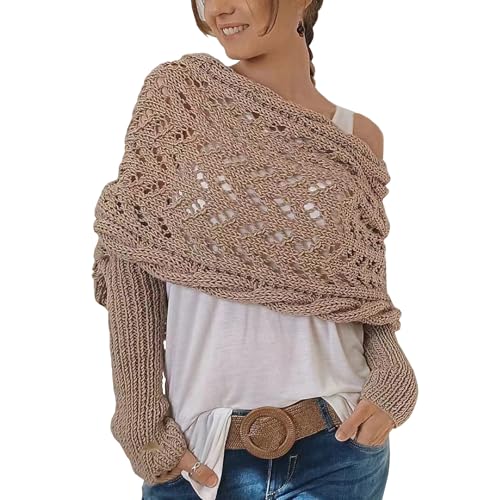 Womens Knitted Double Sleeve Scarf Multifunctional Scarf with Sleeves Knitted Cable wrap Shrugs for Women Knitted wrap-Kahki
