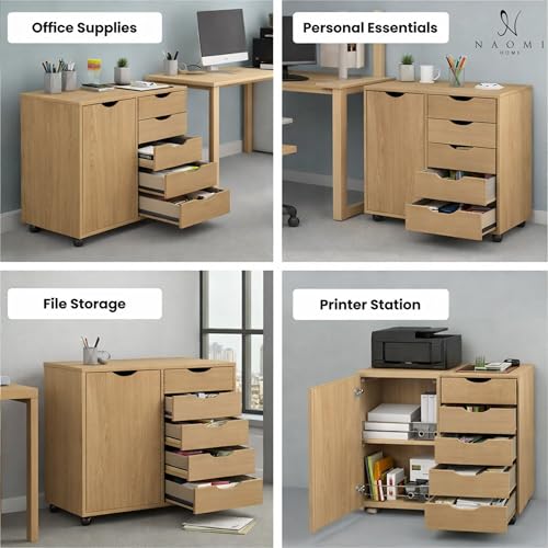 Image of Naomi Home Under Desk Rolling Office File Cabinet with 5 Drawers & Side Storage Cabinet, Mobile Organizer with Shelves & Swivel Casters for Home Office - Natural