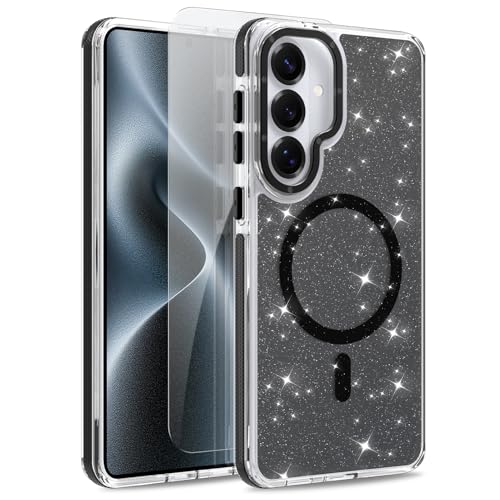 Image of Magnetic Case for Samsung Galaxy S26 Plus [Compatible with Magsafe] [Bling Glitter Fluorescent Design] [1 Screen Protector] Slim Translucent Matte Case for Galaxy S26 Plus 6.7 inch, Black