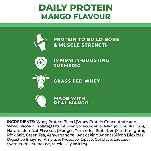 Image of foodstrong Whey Protein Powder,Grass-Fed,100% Whey,Daily Protein Almond Chocolate&Mango Flavour,25G Protein,With Turmeric,Green Tea,Ashwagandha&Digestive Enzymes,32 Sachets,1 Kg,(Pack Of 2)