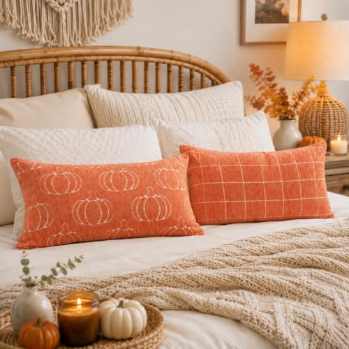 Image of Fall Pumpkin Lumbar Pillow Covers, Autumn Decor (Orange,12x20) | Jacquard chenille texture, double-sided reversible design, hidden zipper, for couch, sofa, bed, farmhouse autumn decor
