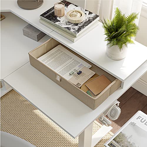 Image of FEZIBO Triple Motor 63 inch L Shaped Standing Desk with 3 Drawers, Electric Standing Gaming Desk Adjustable Height, Corner Stand up Desk with Splice Board, White Frame /White Top