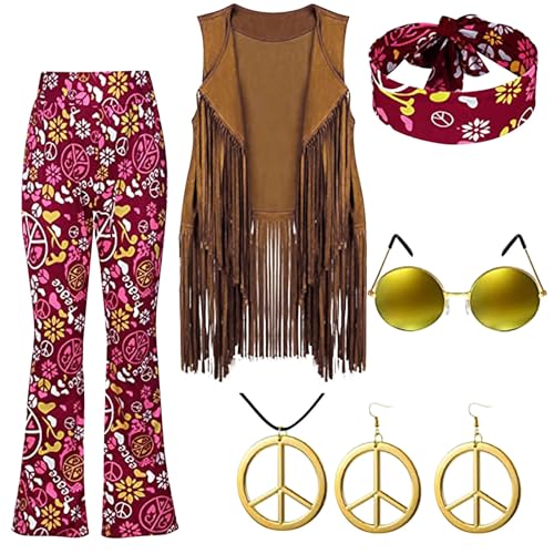 Ropa retro de fiesta para las mujeres, de los años 70, chaleco con pompón, pantalones, orejas, gafas, collar, conjunto de seis piezas cartera para tarjeta bancaria, vino., S