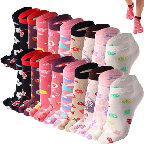 JaGely 10 Pairs Women's Tabi Flip Flop Socks Athletic Cotton Two Toe Split Toe Sandal Socks for Women Casual Sandals, 10 Styles
