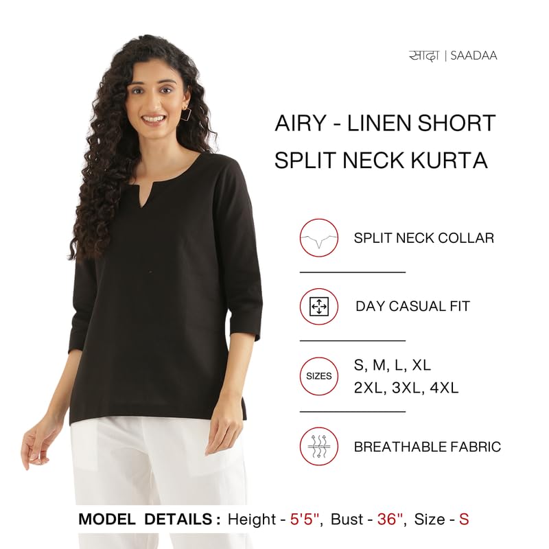 Image of SAADAA Airy Linen Split Neck Short Kurta for Women | Casual & Office Wear | 3 /4 Sleeves, Comfortable Fit | Elegant Top | Lightweight & Breathable Fabric |