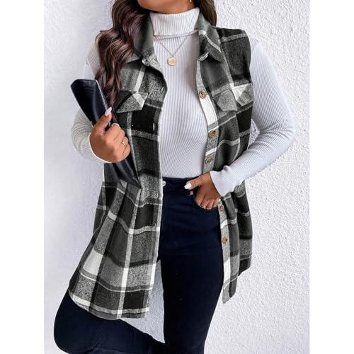 Vest for Women 2025 Sleeveless Plaid Flannel Vest Button Front Lapel Neck Jacket Fall Winter Waistcoat with Pockets3
