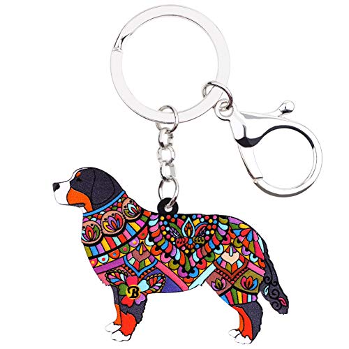 WEVENI Acrylic Bernese Mountain Dog Floral Keychains Pets Key Ring For Women Girl Bag Purse Car Charms (Multicoloured) - Main Image