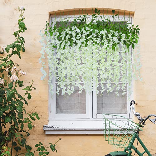 Foevaflo 12 Pack Artificial Wisteria Flowers Fake String Silk Vine Garland Hanging Plant For Wedding Arch Home Room Outdoor Party Wall Backdrop Decor (Milk White) #TOP6