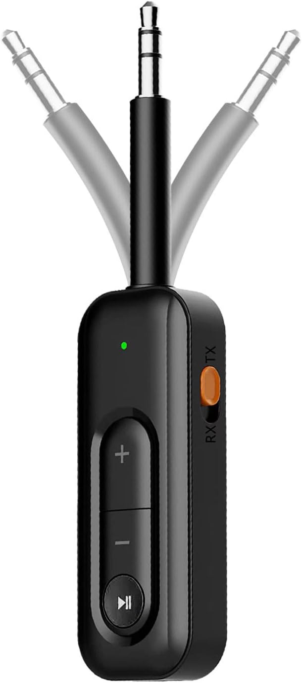 Bluetooth Transmitter Receiver Wireless Adapter: Aux Jack Stereo Audio Dual Connections – for TV Car Headphone Airplane