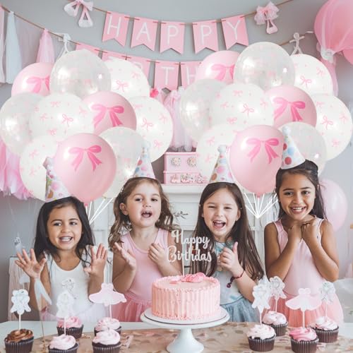 Image of Pink Bow Balloons, 35PCS Light Pastel Pink Clear White Bow Latex Balloon for Girls Women Wedding Bridal Baby Shower Bachelorette Engagement Princess Coquette Birthday Theme Party Decorations Supplies