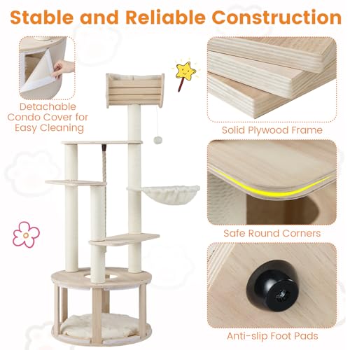 Árbol para gatos de madera de 55.5 pulgadas con múltiples niveles miniatura 5