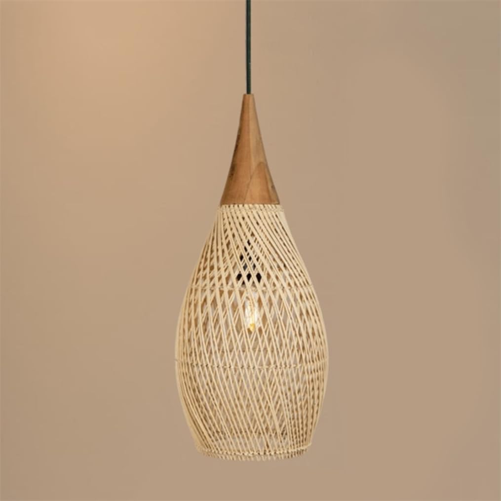 Weave Light Coastal Beach Hanging Rattan Light Fixture Bohemian Woven Wicker Flush Mount Hanging Lamp Handmade Hanging Ceiling Light Lampshade for Dining Room, Kitchen Island,/Natural/25 * 55Cm