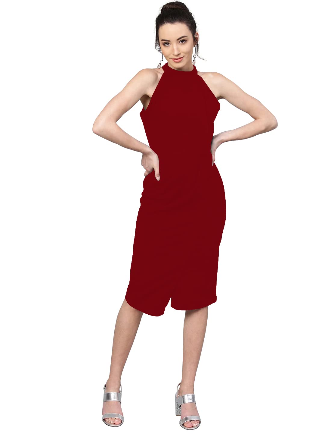 Shasmi Women's Comfortable Maroon Halter Neck Sleeveless Solid Midi Bodycon Casual Western Stylish Dress For Womens/Midi Dress For Girls (Shree Midi 14 Maroon Xl)