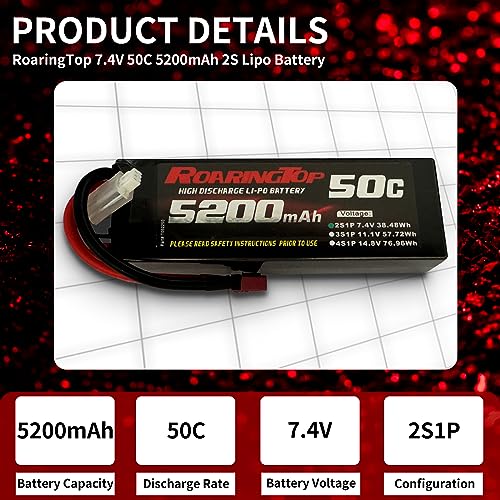 RoaringTop 5200mAh 2S 7.4V 50C LiPo Batteria RC
