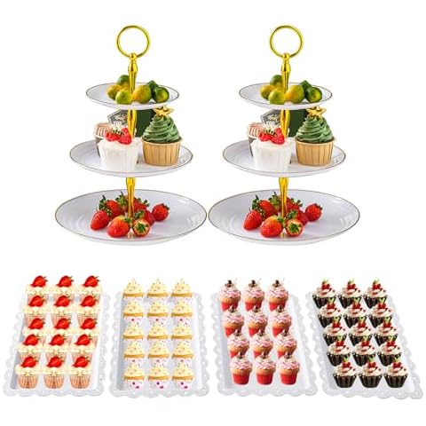 6 Pcs Cupcake Stand Set - Plastic Dessert Table Display Set, 2 White Square 3 Tier Cupcake Display Stands Cookie Tray Rack Serving Tower & 4X 14 in Plastic Trays for Wedding Baby Shower Tea Party Cover