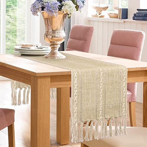 Linen Table Runner, Soft Linen Table Runner with Handmade Tassel, Washable Boho Runner Table for Party and Dining Decorations(Brown, 33*183cm)