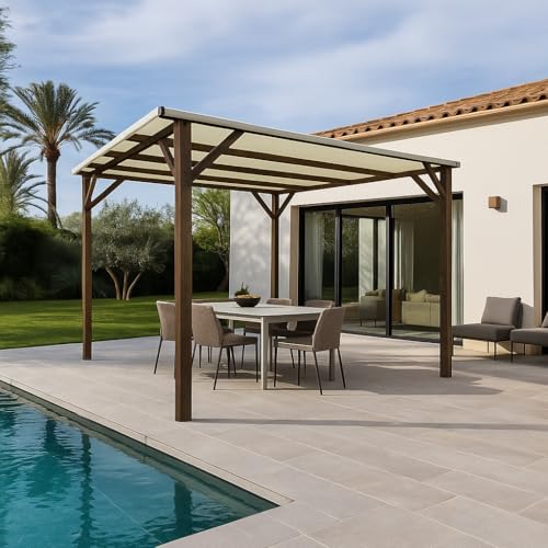 Pergola in Legno da Esterno 3x3 Nuvola Colore Noce con Copertura Ombreggiante Avorio – Legno di Pino Impregnato in Autoclave, Resistente per Giardino e Terrazzo